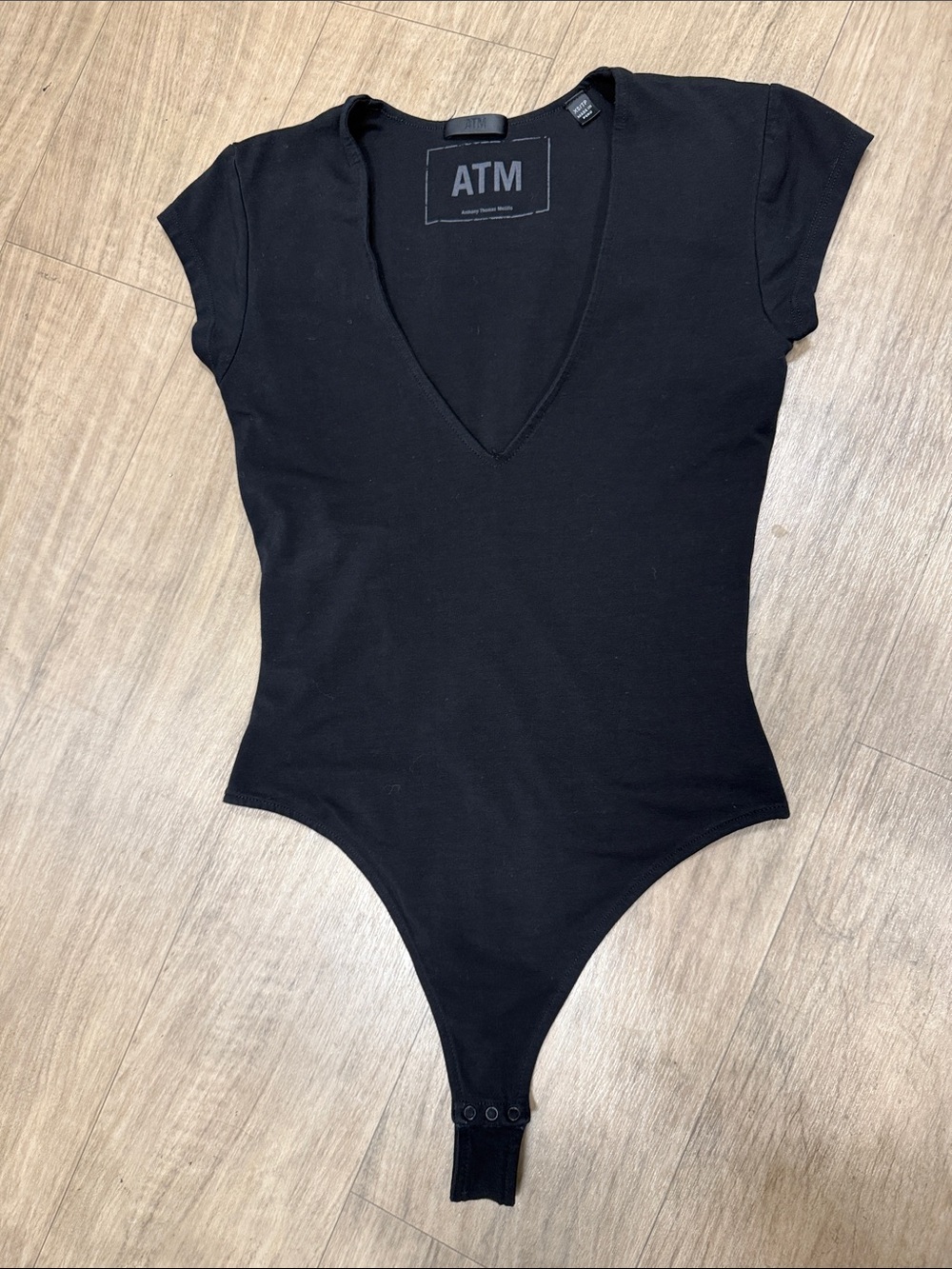 ATM Anthony Thomas Melillo Pima Deep Black V-Neck Short Sleeve Cotton Bodysuit